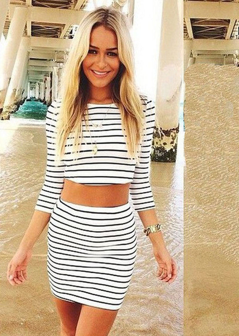 vestideo Women Striped Casual Two Pieces Three Quarter Sleeves Sheath Dress Black white  J4U66