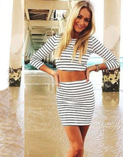 vestideo Women Striped Casual Two Pieces Three Quarter Sleeves Sheath Dress Black white  J4U66