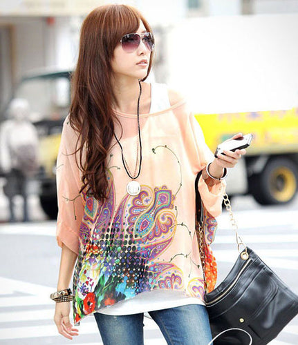 exy Womens Batwing Dolman Sleeve Chiffon Shirt Bohemian Tops Blouse ping J4U66