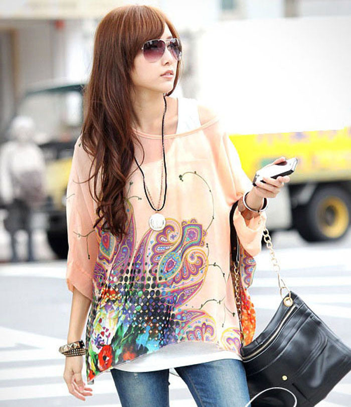 exy Womens Batwing Dolman Sleeve Chiffon Shirt Bohemian Tops Blouse ping J4U66