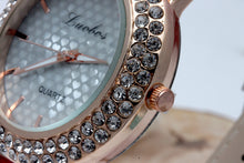 Women's Golden Bling Crystal Faux Leather Strap Analog Quartz Wrist Watch J4U66