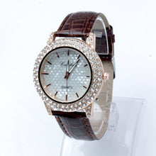 Women's Golden Bling Crystal Faux Leather Strap Analog Quartz Wrist Watch J4U66