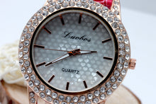 Women's Golden Bling Crystal Faux Leather Strap Analog Quartz Wrist Watch J4U66