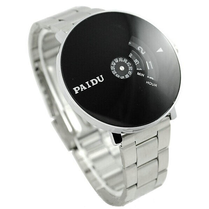 Stainless Silver Band PAIDU Quartz Wrist Watch Black Turntable Dial Men's Gift ping J4U66