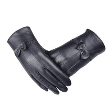 Women Girl Luxurious PU Leather Super Warm Gloves Cashmere Bow J4U66