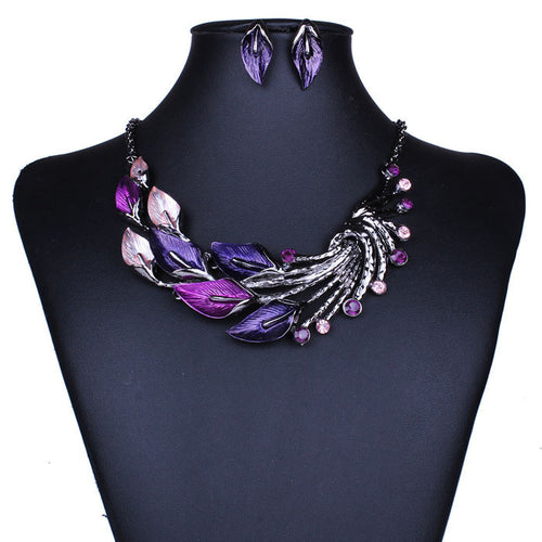 Elegant Women Lady Purple Peacock Enamel Bib Necklace Stud Earrings Set ping J4U66