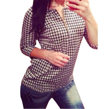 Fashion Women Houndstooth Pattern Shirt Zipper Casual Slim Tops Blouse J4U66