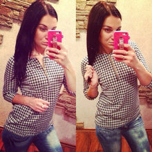 Fashion Women Houndstooth Pattern Shirt Zipper Casual Slim Tops Blouse J4U66