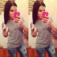 Fashion Women Houndstooth Pattern Shirt Zipper Casual Slim Tops Blouse J4U66