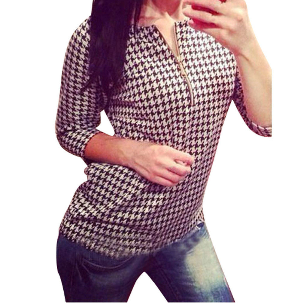 Fashion Women Houndstooth Pattern Shirt Zipper Casual Slim Tops Blouse J4U66