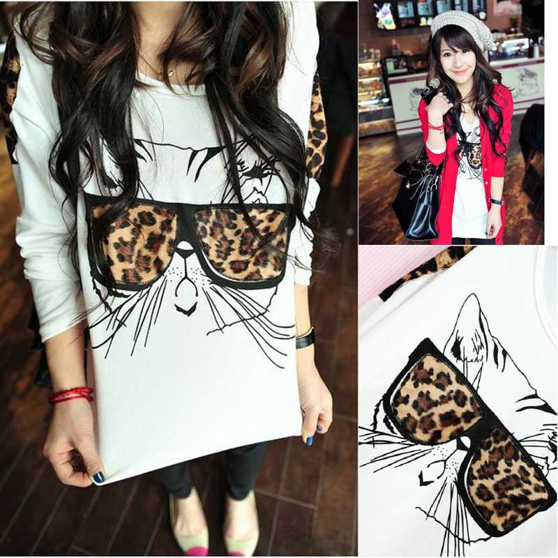 Fashion Women Wearing Leopard Glasses Kitten Cat Personality T-Shirt J4U66
