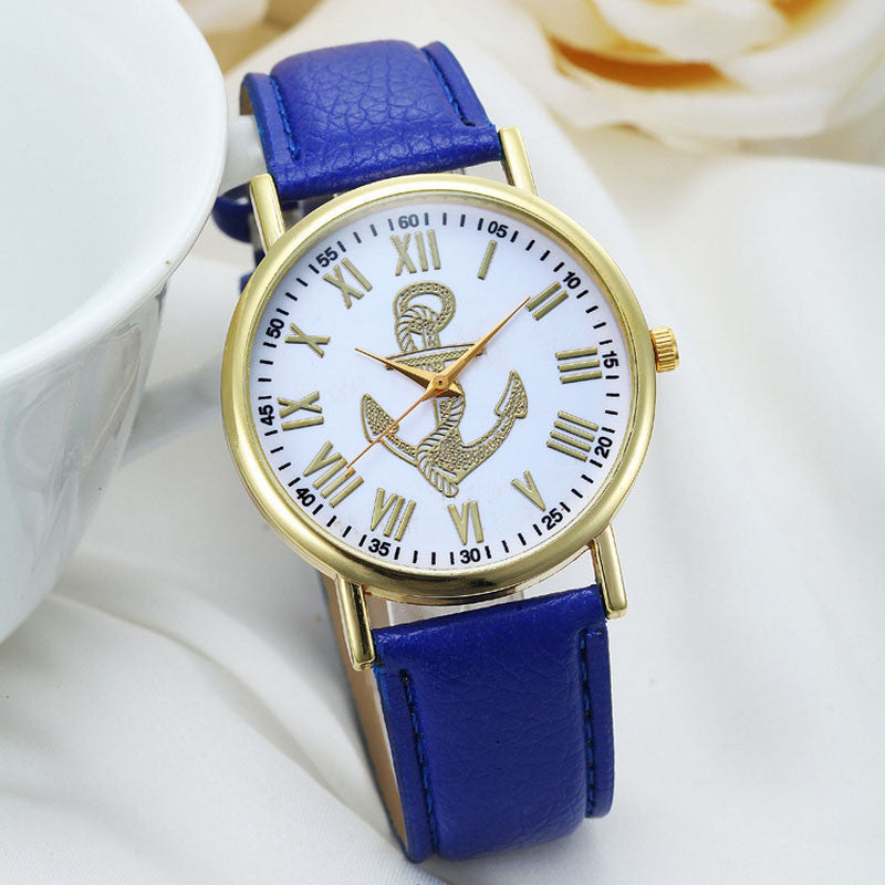 Fashion Womens Dress WatchRoman Numerals Boat Anchor Faux Leather Analog Quartz Wristwatch BluePink Freeship J4U66