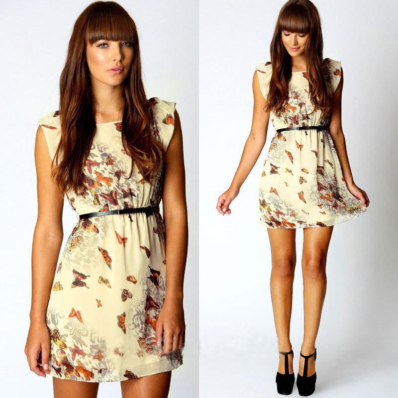 Womens Dress Floral Butterfly Print Party Dress Casual Chiffon Mini Dress S M L XL J4U66