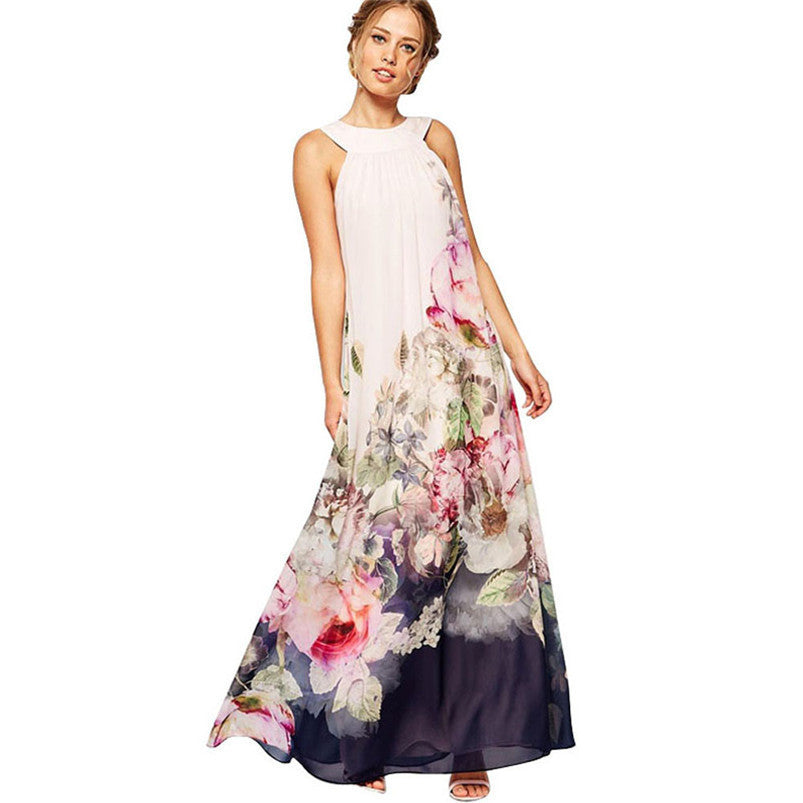 Women Casual Floral Print Sleeveless Long Chiffon Dress J4U66
