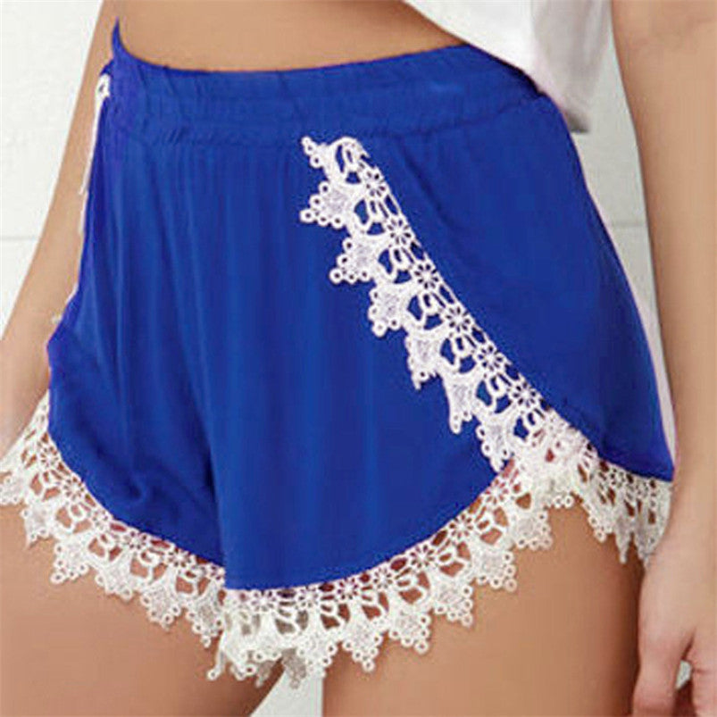 Women Casual High Waist Lace Short Pants Blue Plus Size J4U66