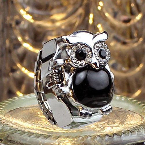 Creative Fashion Retro Owl Finger Watch Clamshell Ring Watch J4U66