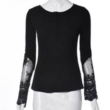 Women Splicing Long Sleeve Lace Loose Blouse Black Size S M L XL &s J4U66