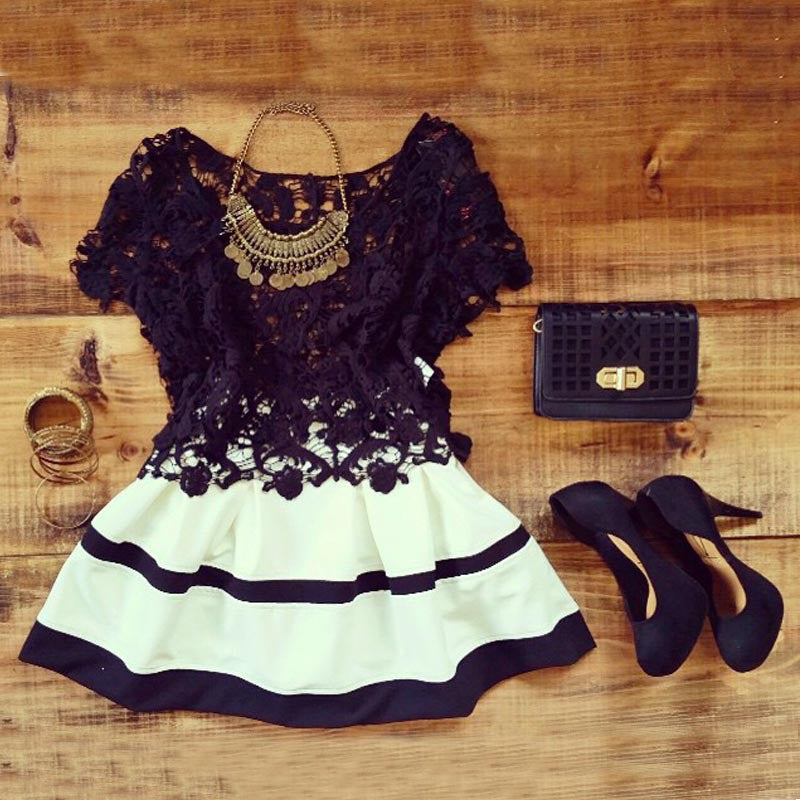 Sexy Women Floral Lace Stripe Dress Hollow Formal Mini Dress O-Neck causal  J4U66