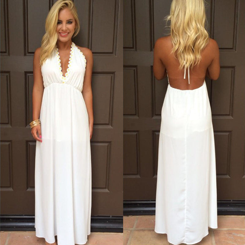 Sexy Women Floral V-Neck Sleeveless Chiffon Boho Long Maxi Dress Long Beach Sundress White Vestideo J4U66