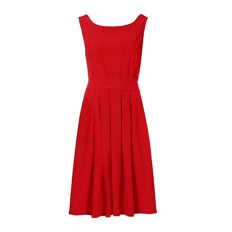 Sleeveless Pleated Dress O-neck Size S M L XL For Women  J4U66