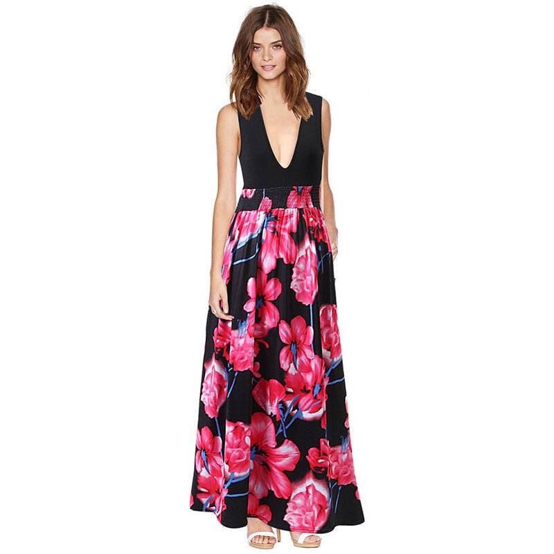 Vestideo Womens Floral Print Long Dresses V-Neck Beach Boho Maxi Sundress Plus Size S-XL J4U66