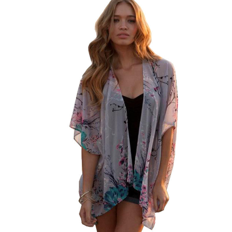 Vestideo Women Floral Short Sleeve Lace Splice Chiffon Kimono Cardigan Tops Blouse  J4U66