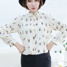 Woman Girl Trendy Collar Owl Print Chiffon Long Sleeve Blouses Tops Shirt J4U66