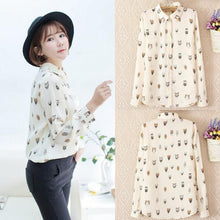 Woman Girl Trendy Collar Owl Print Chiffon Long Sleeve Blouses Tops Shirt J4U66