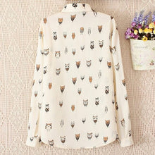 Woman Girl Trendy Collar Owl Print Chiffon Long Sleeve Blouses Tops Shirt J4U66