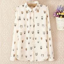 Woman Girl Trendy Collar Owl Print Chiffon Long Sleeve Blouses Tops Shirt J4U66