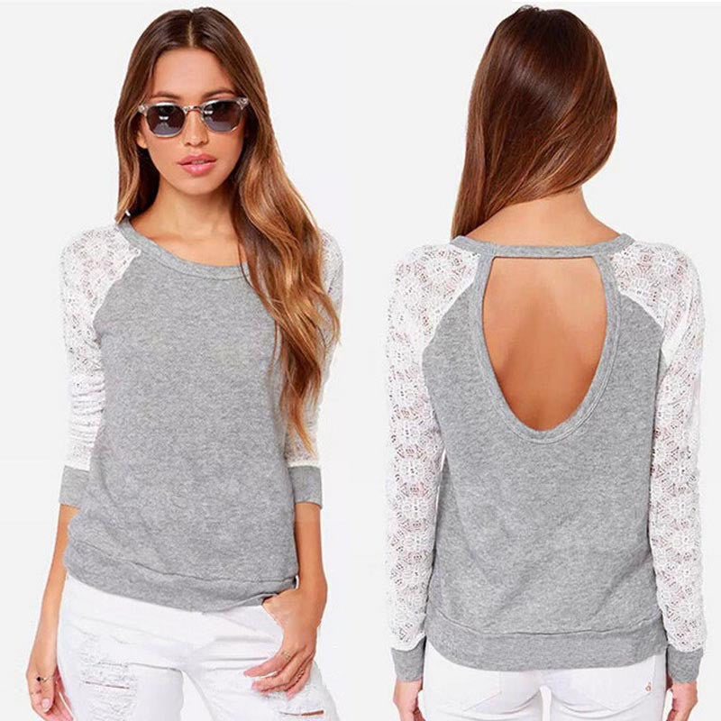 Women Backless Long Sleeve Embroidery Lace Crochet Shirt Blouse Tops J4U66