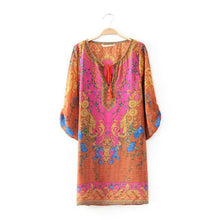 Women Casual 3/4 Sleeves National Wind Pattern Vintage Print Loose Dress J4U66