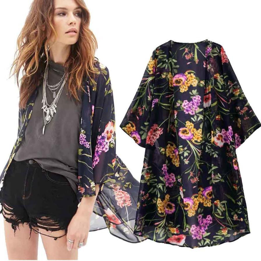 Women Kimono Cardigan CoatChiffon Floral Printed Jacket Tops Outwear Cover Up Blouse Vestideo  J4U66