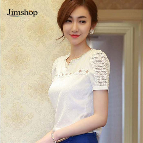 blusas Camisas Blusas Femininas Women Tropical Blusa Lace Short Sleeve Shirt V Neck Doll Chiffon Tops Women Blouses J4U66