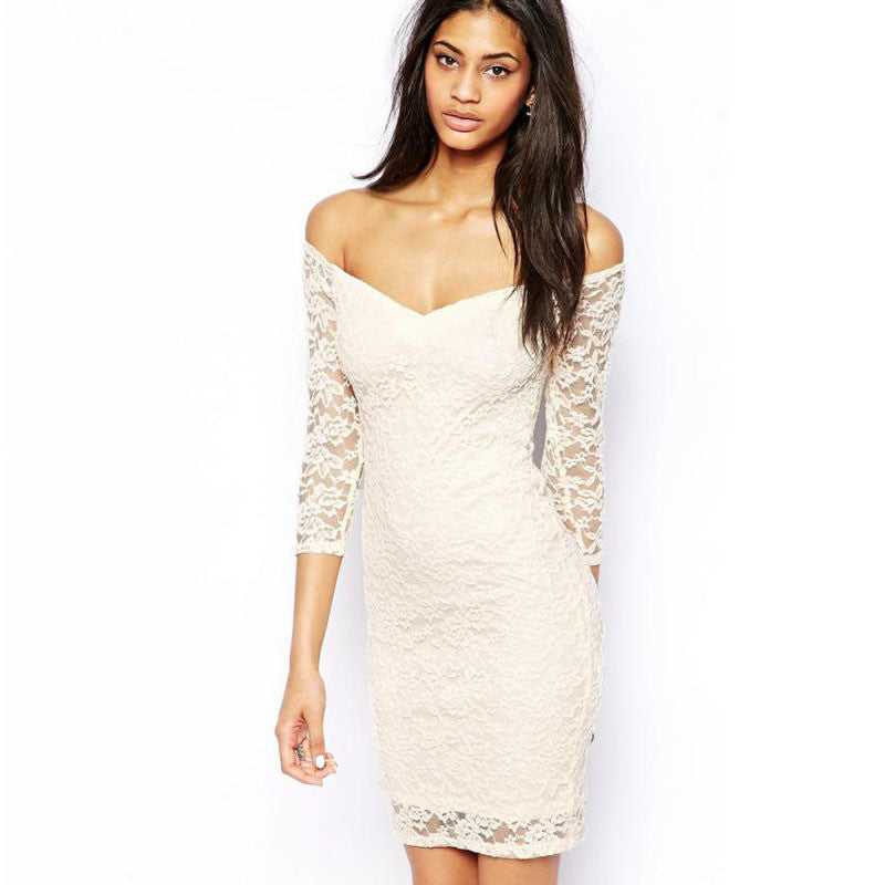 vestido Womens V-Neck Three Quarter Floral Lace Sexy Dress white and blue J4U66