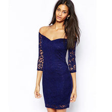 vestido Womens V-Neck Three Quarter Floral Lace Sexy Dress white and blue J4U66