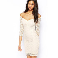 vestido Womens V-Neck Three Quarter Floral Lace Sexy Dress white and blue J4U66