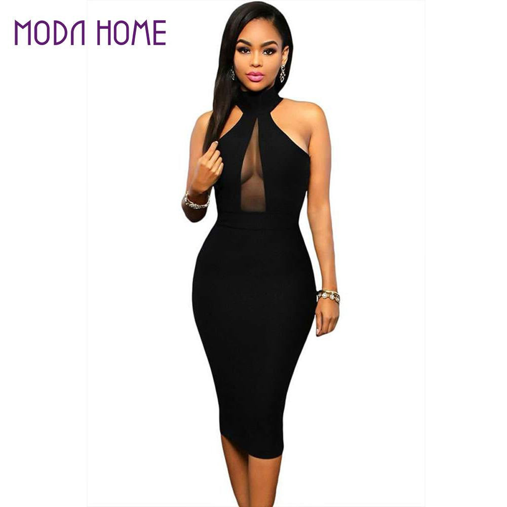 sexy club dress women dress halter neck sleeveless party dresses mesh hollow out open back bodycon dress black J4U66