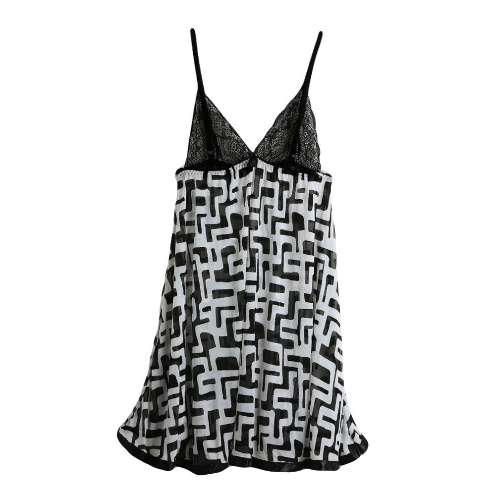 sexy costumes women babydoll dress stone print lace sheer mesh spaghetti strap sleepwear nightgown sexy lingerie with g-string J4U66
