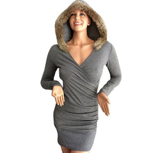 Sexy Deep V Neck Women Bodycon Dress Hoodied Long Sleeve Pleated Pencil Dresses J4U66