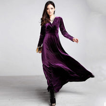 Sexy Elegant Velvet Warm Maxi Dress Women Long Sleeve Deep V Dresses 5 Colors New  J4U66