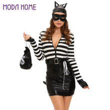 sexy fancy dress women 7pcs set cat costume pu splice stripe mini dress zip front tail cat burglarcosplay halloween suit black J4U66