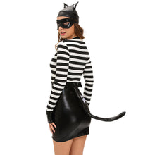 sexy fancy dress women 7pcs set cat costume pu splice stripe mini dress zip front tail cat burglarcosplay halloween suit black J4U66
