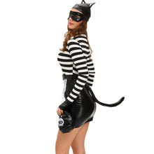 sexy fancy dress women 7pcs set cat costume pu splice stripe mini dress zip front tail cat burglarcosplay halloween suit black J4U66