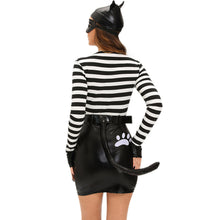 sexy fancy dress women 7pcs set cat costume pu splice stripe mini dress zip front tail cat burglarcosplay halloween suit black J4U66
