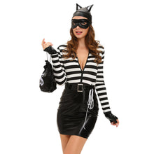 sexy fancy dress women 7pcs set cat costume pu splice stripe mini dress zip front tail cat burglarcosplay halloween suit black J4U66