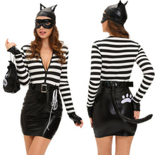 sexy fancy dress women 7pcs set cat costume pu splice stripe mini dress zip front tail cat burglarcosplay halloween suit black J4U66