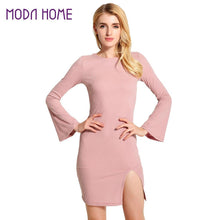 sexy ukraine women knitted dress solid cross strap long flare sleeve dress split slim bodycon ribbed warm dress knitwear J4U66