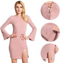 sexy ukraine women knitted dress solid cross strap long flare sleeve dress split slim bodycon ribbed warm dress knitwear J4U66