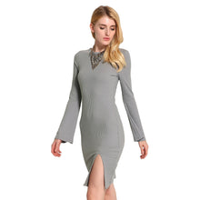 sexy ukraine women knitted dress solid cross strap long flare sleeve dress split slim bodycon ribbed warm dress knitwear J4U66